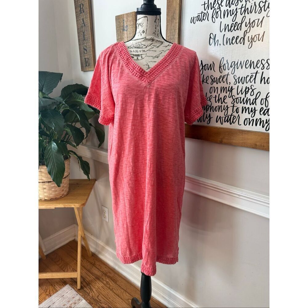 Chico's Women's V-neck Slub Cotton Lace Trim Tee Dress Salmon Pink Size 1